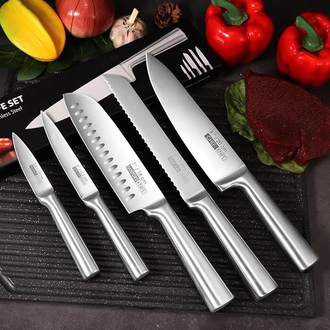 KOFERY 5-Piece Kitchen Knife Set - Razor-Sharp Stainless Steel Blades with Integrated Ergonomic Handle - Easy Clean and Ideal for Culinary Masters