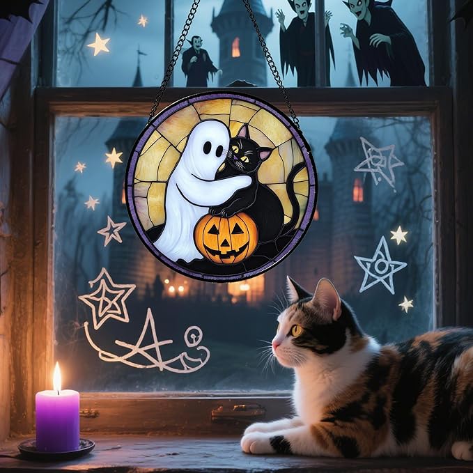 Stained Glass Window Hanging - Halloween Decorations Cute White Ghost Black Cat Suncatcher for Doors Garden Spooky Sun Catchers Gothic Decor Horror Gifts for Women Men Friend Boy 6.3 in