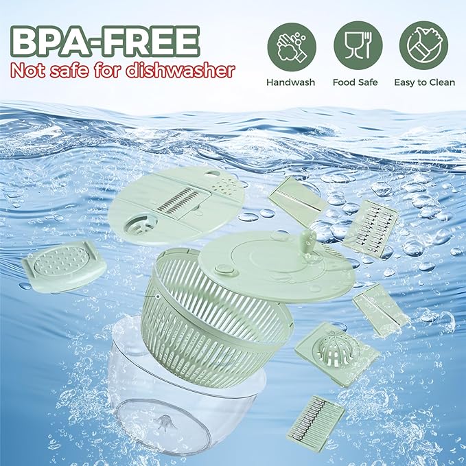 Airpro Salad Spinner Large, Vegetables Fruits Wash Bowl,Lettuce Spinner Pasta and Fries Dryer with 5 Blades,Egg Yolk Strainer Slicer Shredder for Kitchen Colander, 5.3 Qt, Green White