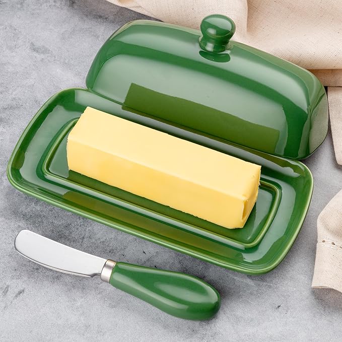 Zulay Butter Dish With Lid For Countertop - Porcelain White, Ceramic Butter Dish with Knob Handle Great for Cooking - Elegant Design Butter Holder - Durable & Sturdy Butter Keeper - Jade