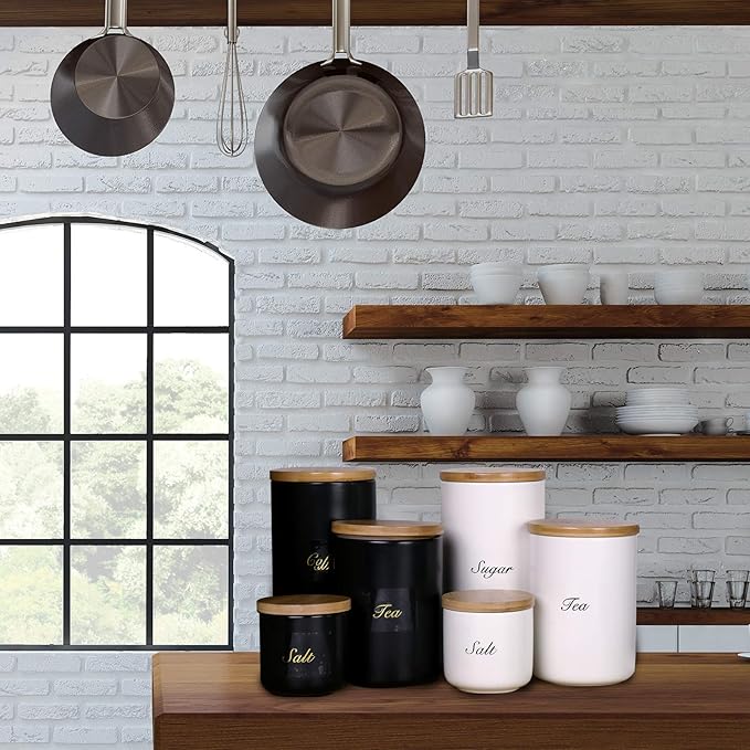 Yangbaga Black Ceramic Canister Set for Kitchen-Set of 3 Kitchen Canisters for Countertop with Airtight Wood,Large Kitchen Storage for Flour,Suger,Coffee-Modern Countertop Decor