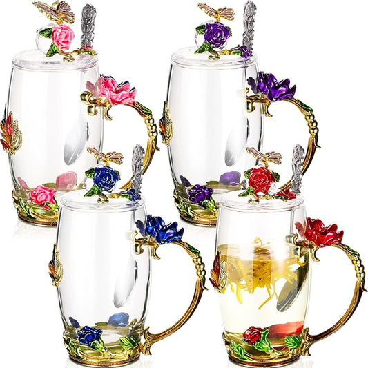 Nuanchu 4 Sets Flower Glass Tea Cups with Lids and Spoon Butterfly Vintage Glass Coffee Mugs Floral Fancy Clear Teacup for Christmas Women Mom Wife Girlfriend(Pink, Purple, Blue, Red,12 oz)