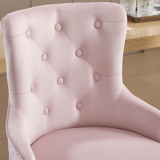 Velvet Gold Barstools Set of 2, Modern Counter Height Adjustable Swivel Stools Chairs with High Tufted Backrest Golden Base Lion Head Pull Ring Diamond Pattern Rivet Trim for Kitchen (Pink)