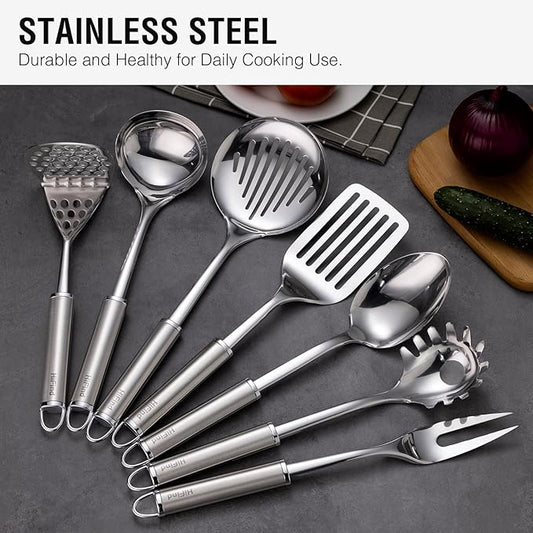 Stainless Steel Cooking Utensils 7PCS Kitchen Utensils Set, Heat Resistant Handle Utensils Set Included Ladle, Meat Fork, Slotted Spatula, Pasta Fork, Masher, Solid Spoon, Skimmer Spoon