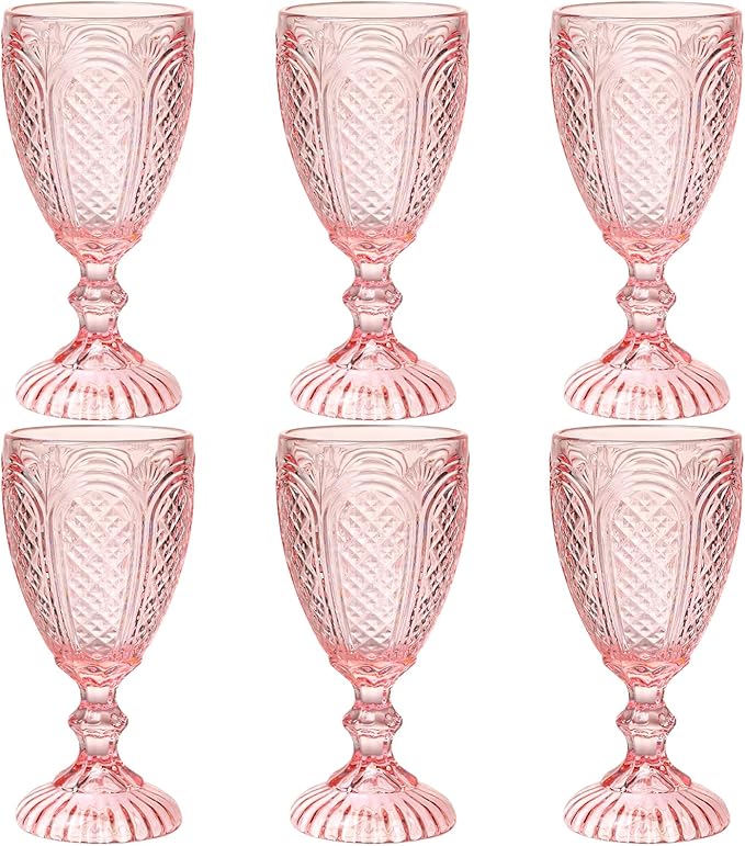 Pink Wine Glasses set of 6,colorful glass goblets made from Solid glass colors, Vintage Pink Glassware, Drinking glasses for Wedding, Birthday,Engagement or fancy glassware for everyday.