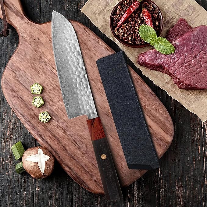 Professional 7 inch Japanese Santoku Chef Knife,67 Layers Damascus VG-10 Super Steel Cutting Core - Ultra Sharp Hammered Kitchen Knife
