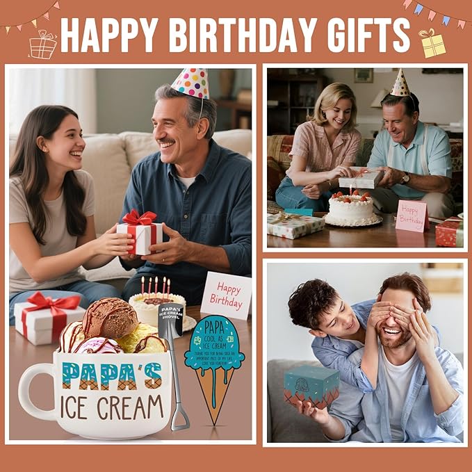 YEUYUQIU Papa Gifts for Grandpa - Christmas Gifts for Papa from Granddaughter Grandson, Ideal Birthday Gift for Grandpa - Papa's Ice Cream Bowl Shovel Set Present for Birthday Fathers Day Christmas
