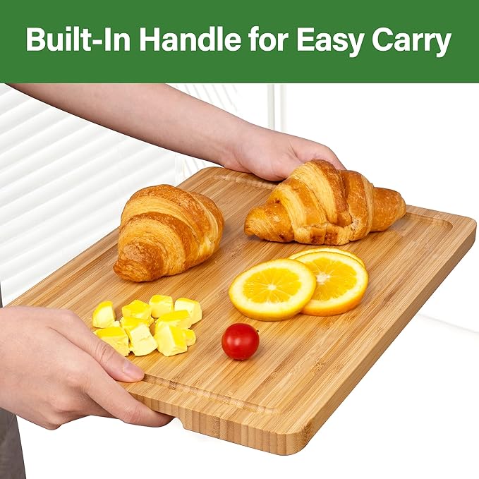 Bamboo Cutting Board For Kitchen, Bamboo Cutting Board Set of 3 with Juice Groove, Double-Sided Chopping Board Serving Board with Hanging Hole for Meat, Vegetables and Cheese