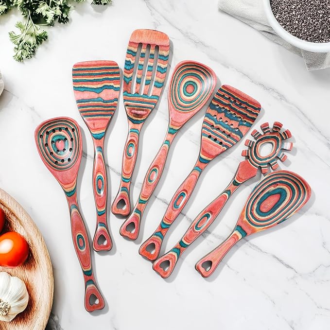 Gudamaye Pakkawood 7-Piece Wooden Cooking Utensils, Wooden Spoons for cooking, Wooden Utensil set, Pinkish-Orange Pakkawood Cooking Spoons, Non-Stick Spoon, Pakkawood kitchen utensils