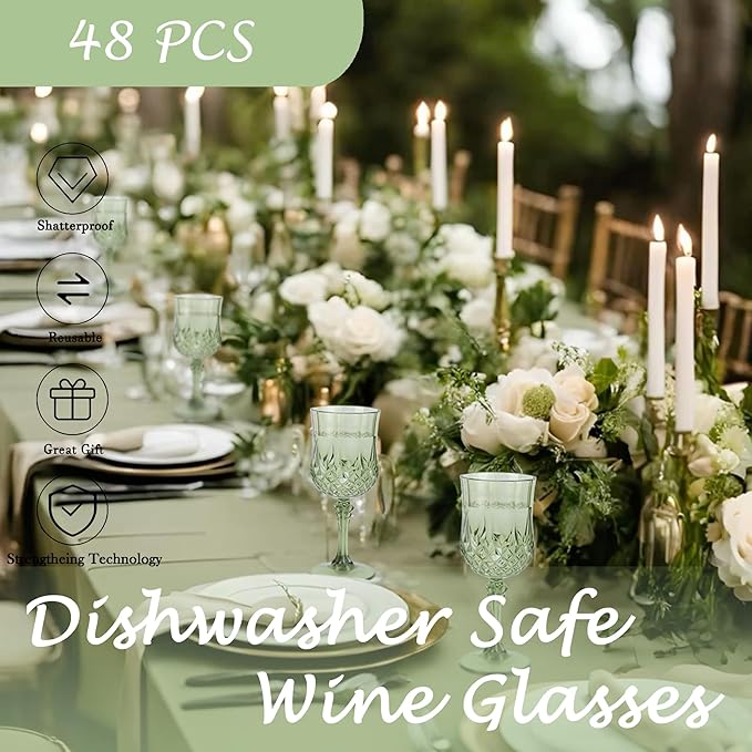 Plastic Wine Glasses,Plastic Goblets Vintage Style Cordial Drinking Glasses for Wedding Reception, Grand Event Party Supplies (48, New Green)