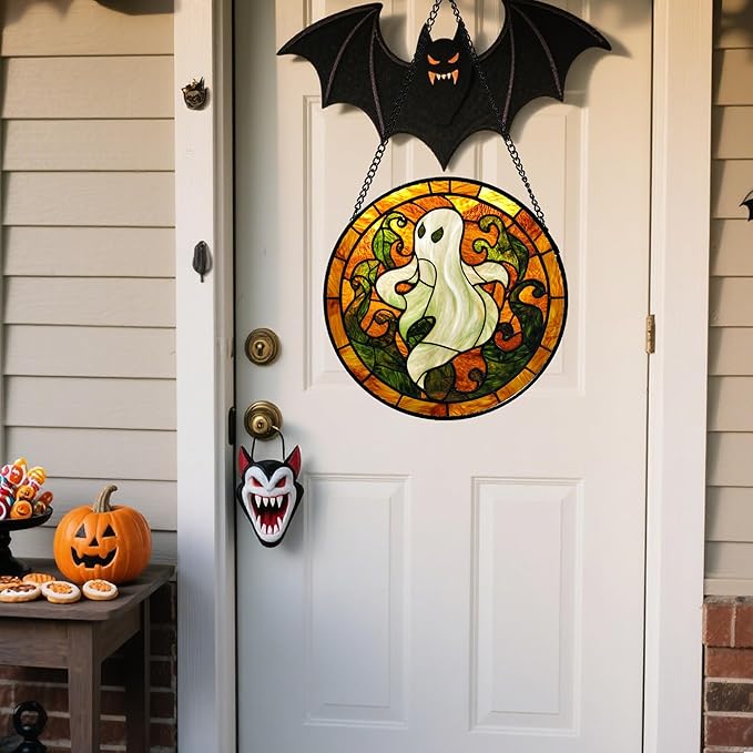 Stained Glass Window Hanging - Halloween Decorations Retro White Ghost Evil Spirit Suncatcher for Doors Garden Spooky Sun Catchers Gothic Decor Horror Gifts for Women Men Friend Boy 9.8 in