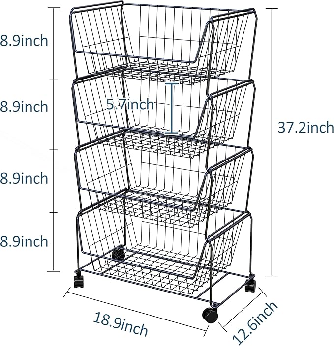 PUSDON 4-Tier Stackable Metal Storage Baskets, Anti-Rust Fruit Vegetable Rack, Dual Use Shelf for Kitchen, Home & Office, Black