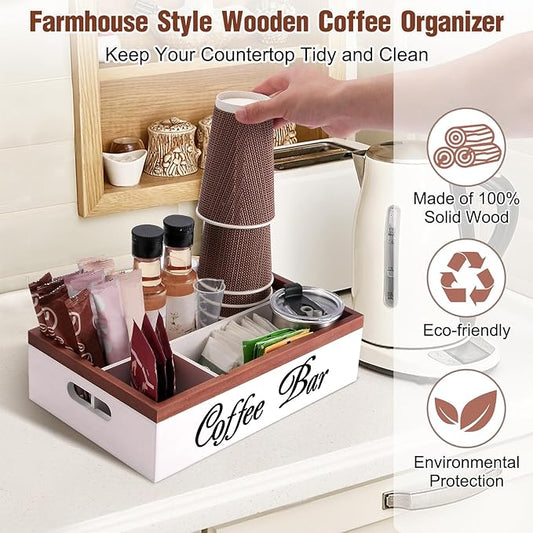 Wooden Coffee Organizer Holder with Divided Sections & Cutout Handle, Farmhouse Coffee Bar Organizer for Pods, Cups, Lids, Syrups, Stirrers & Accessories – Ideal Gift for Home or Office-White