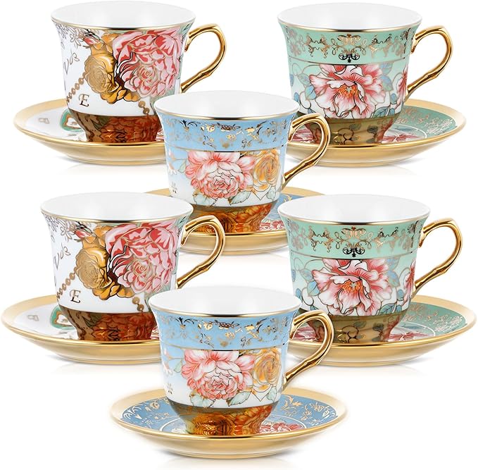 Set of 6 Tea Cups and Saucers Tea Party Decorations Floral Porcelain 5.4 oz British Gift for Women Birthday Party, Church, and Mother's Day (Classic Style)