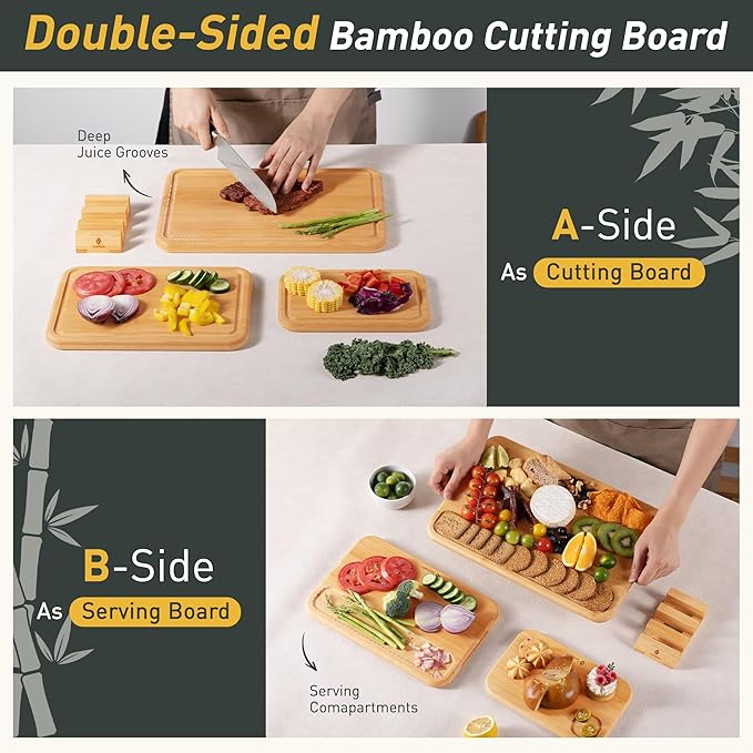 3 Packs Bamboo Cutting Board Set with Holder Wood Cutting Boards for Kitchen with Juice Grooves Built-in Handles, Ideal Charcuterie & Chopping for Meat Vegetables Fruits Kitchen Gift for Home Cooks