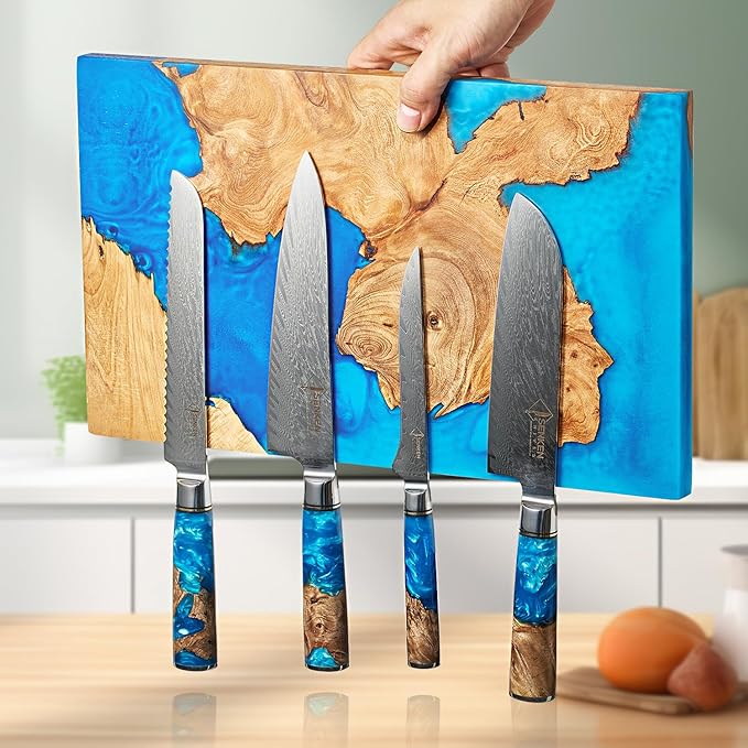 SENKEN "Tsunami" Extra Large Magnetic Knife Block - Holds Up to 16 Knives - Knife Block without Knives, Universal Knife Holder, Beautiful Blue Resin & Natural Wood Blend ("Tsunami" Blue Resin Blend)
