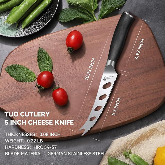 TUO Cheese Knife, 5 inch Tomato Knife Fruit Knife Small Kitchen Knife, German Stainless Steel Hollow Blade, Ergonomic Full Tang Handle with Gift Box, Black Phoenix Series