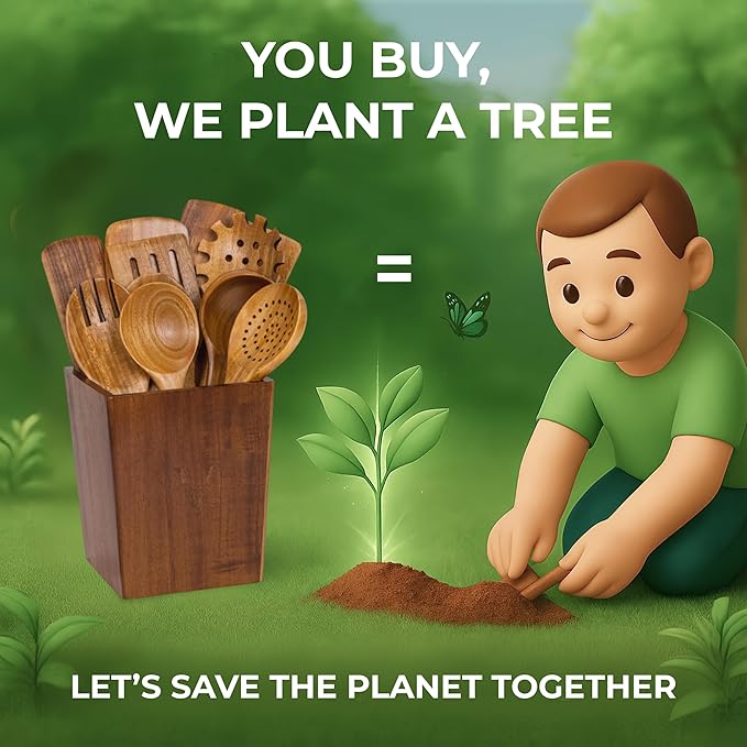 XXL Wooden Utensil Set – 13 Piece Acacia Wood Cooking Tools with Square Holder for Nonstick Cookware with Holder & Spoon Rest – Wooden Spoons for Cooking, Spatula, Spurtle