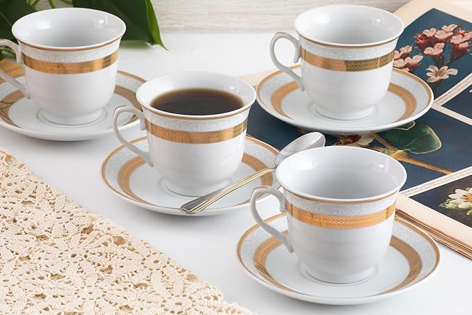 Porcelain Tea Set 8 Piece - 5.75 inch Saucers, 6.5 oz Cups - Elegant White with Gold Rope Design - Dish Set for Tea-Parties, Cappuccino, Vintage Kitchen Decor (Rope Gold 3008, 8 Piece)
