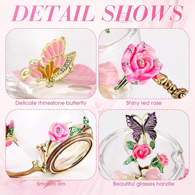 Nuanchu 4 Sets Flower Glass Tea Cups with Lids and Spoon Butterfly Vintage Glass Coffee Mugs Floral Fancy Clear Teacup for Christmas Women Mom Wife Girlfriend(Pink,11 Oz,12 oz)