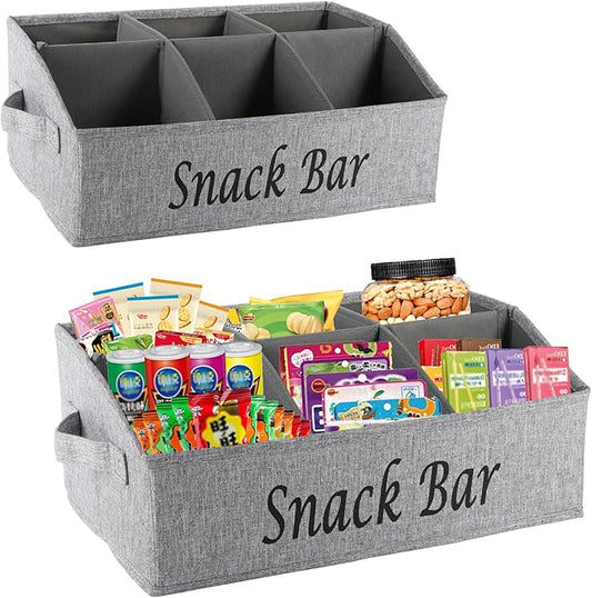 2 Pack Countertop Snack Organizer, Fabric Snack Box Basket with Handles, 6 Compartment Kitchen Cabinet Pantry Organizer and Storage - Grey