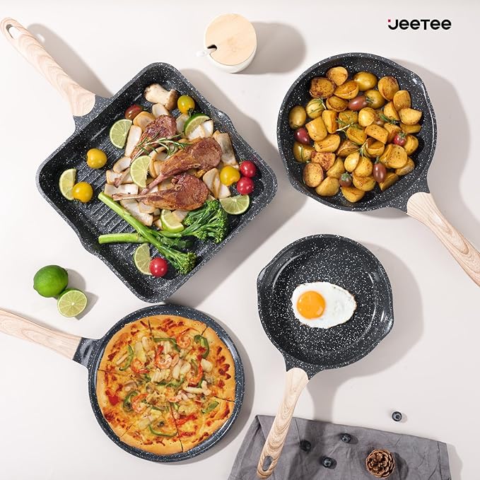 JEETEE 24Pcs Ceramic Cookware Set, Gray Pots and Pans Set Non Stick, Kitchen Healthy Non Toxic Induction Cookware Sets W/Saucepans, Sauté Pan, Griddle, Crepe Pan & Pancake Rake (PFOA, PFAS, PFOS Free)