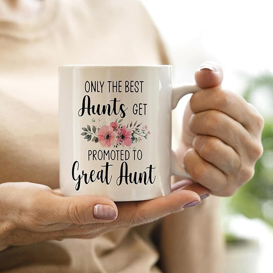QASHWEY Great Aunt Coffee Mugs, Funny Pregnancy Announcement Gifts, Double Side Printed Ceramic 11 Ounce