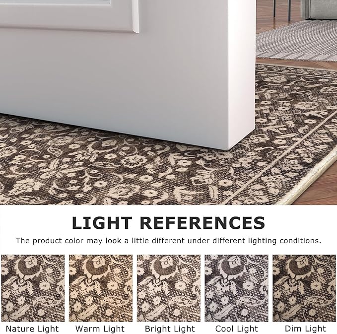 Vintage Washable 2x5 Rug Runner, Rust Brown Red Runners for hallways, Super Soft Kitchen Runner Rug Non Slip, Print Faux Wool Floral Thin Carpet Runner for Entryway Indoor Bedroom