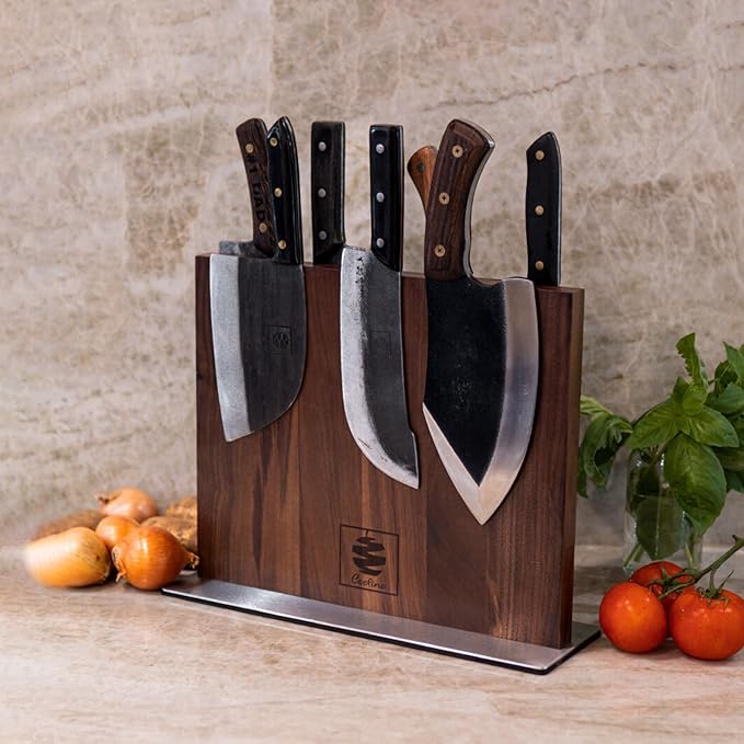Coolina Walnut Magnetic Knife Holder, Elegant Design Knives Block Stand, Multifunctional, Double Side Magnets with Steel Base