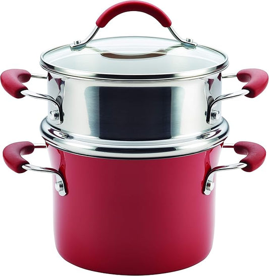 Rachael Ray Cucina Hard Porcelain Enamel Nonstick Multi-Pot / Steamer Set, 3-Quart, Cranberry Red - 16800