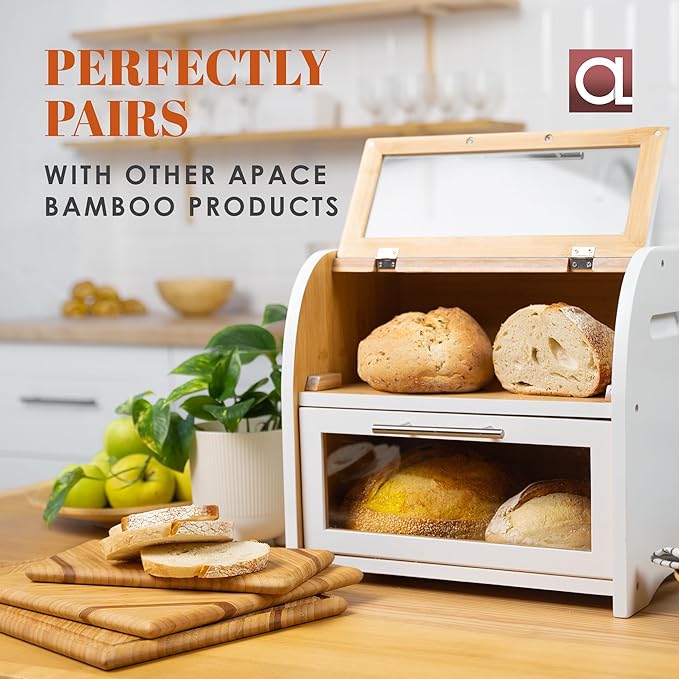 Arise Stylish Bamboo Bread Box for Kitchen Countertop, Extra Large 2-Shelf Wooden Bread Storage Container with Clear Windows and Air Vents Keep Bread, Bagels and Rolls Fresh, Self Assembly