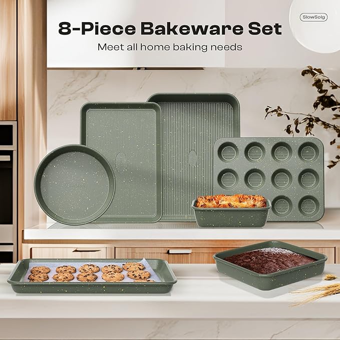 8-Piece Nonstick Bakeware Set, Stackable Oven Pan Set Includes Baking Sheet, Muffin Pan, Cake Pan, Square Pan, Loaf Pan, Cookie Sheet & Cooling Rack (Ceramic Coated Green)