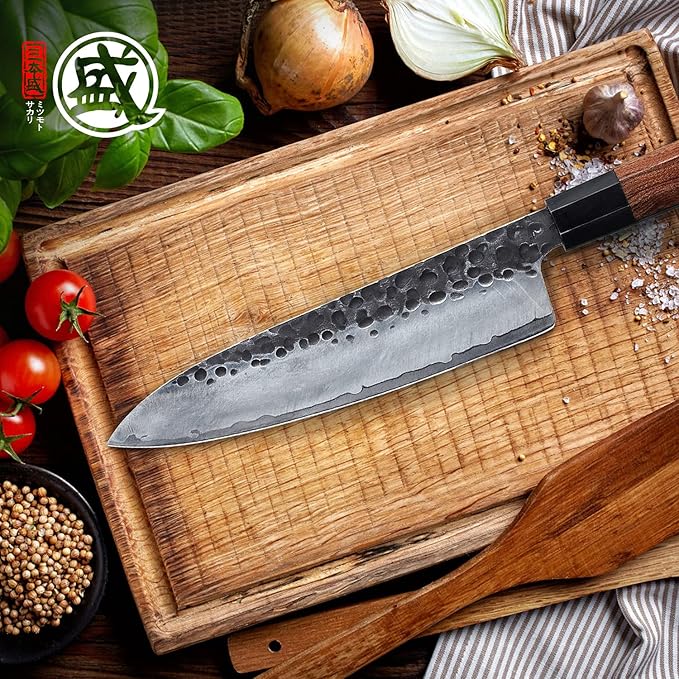 MITSUMOTO SAKARI Gyuto Chef Knife 8 inch - Hand Forged Japanese Kitchen Knives, 3-Layer 9CR18MOV High Carbon Steel, Rosewood Handle & Sandalwood Box