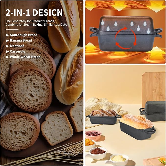 Cast Iron Bread Pan with Lid, Cast Iron Bread Loaf Pan with 2 Silicone Bread Mats, Sourdough Loaf Pan with Lid, Heavy Duty Loaf Pans for Oven Baking Bread, Bread Pans for Homemade Bread(Black)