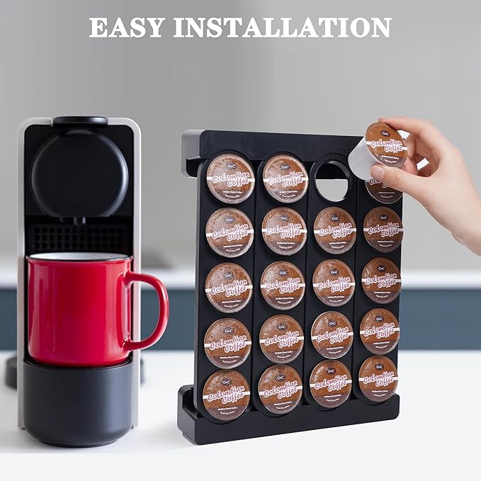 Wall Mounted Coffee Pod Holder, Holds 20 K Cup Coffee Capsules, for Wall Countertop Drawer, Black