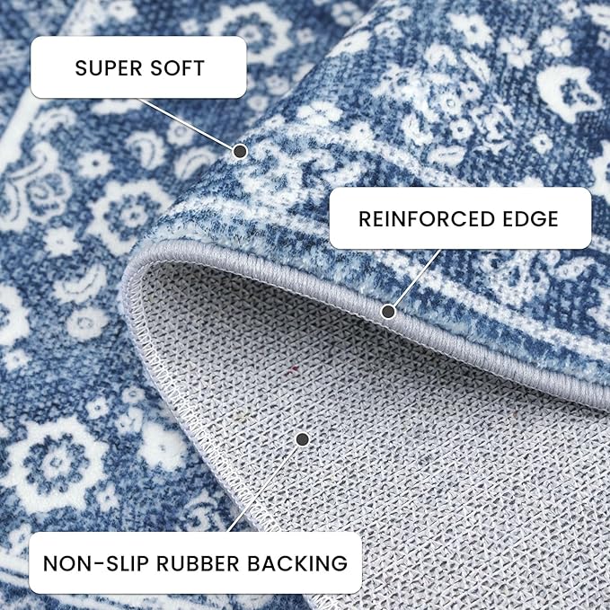 Vintage Washable 2x5 Rug Runner, Dusty Blue White Runners for hallways, Super Soft Kitchen Runner Rug Non Slip, Printed Faux Wool Floral Thin Carpet Runner for Entryway Laundry Room Bedroom