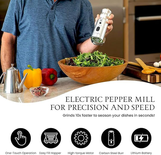 BLACK RAIN Pepper Mill Grinder, Adjustable Coarseness, Rechargeable Pepper Grinder with LED Light, Heavy Duty Professional Grade Electric Peppercorn Grinder (Red)