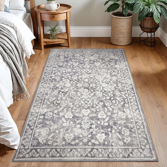 Vintage 3x5 Washable Rug for Entryway, Gray Ivory Super Soft Rug Non-Slip, Printed Faux Wool Floral 3x5 Area Rug Thin Floor Carpet for Kitchen, Bedroom, Office, Living Room