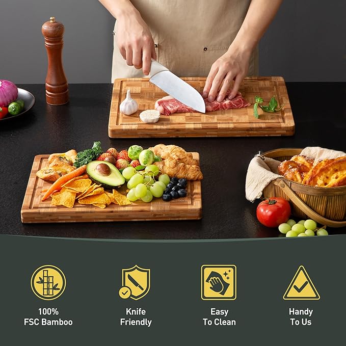 2 Pack Heavy Duty Bamboo Cutting Board Set Non Slip Over Sink Solid End Grain Thick Wood Chopping Board Extra Large Big Small Best Organic Hardwood Wooden Kitchen Essential New Home Housewarming Gift