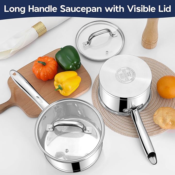 LIANYU 2QT & 3QT Saucepan with Tempered Glass Lid, Stainless Steel Small Sauce Pan Cooking Pot Set, Tri-Ply Bottom Versatile Sauce Pot for Kitchen, Oven & Dishwasher Safe