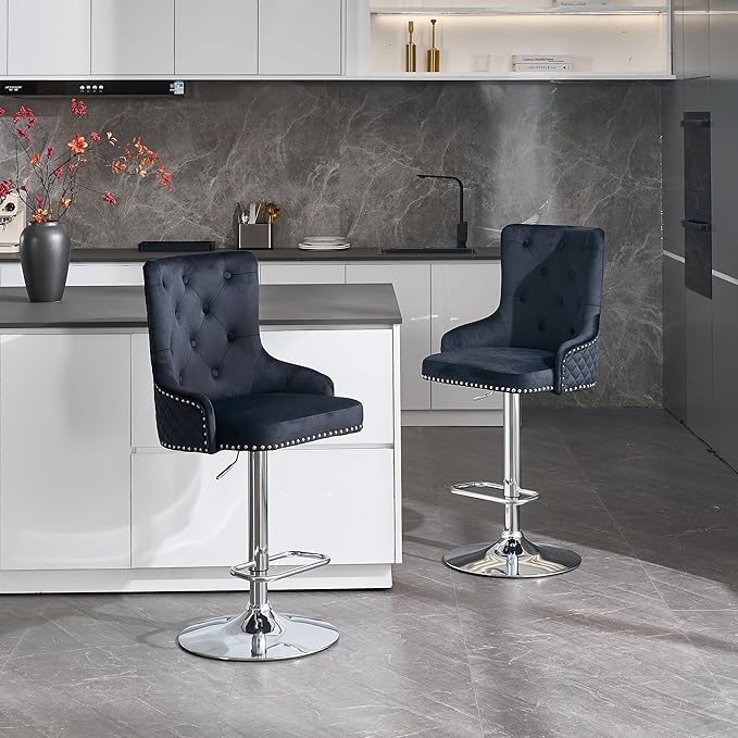 Velvet Lion Bar Stools Set of 4, Modern Height Adjustable Swivel Barstools with Chrome Base, Tufted Counter Height Bar Stools Upholstered Bar Chairs for Kitchen Island, Dining Room, Black