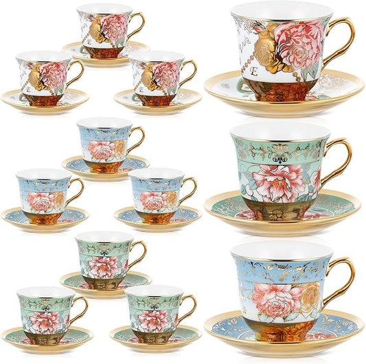 Set of 12 Tea Cups and Saucers Tea Party Decorations Floral Porcelain 5.4 oz British Gift for Women Birthday Party, Church, and Mother's Day (Classic Style,5.4 oz)