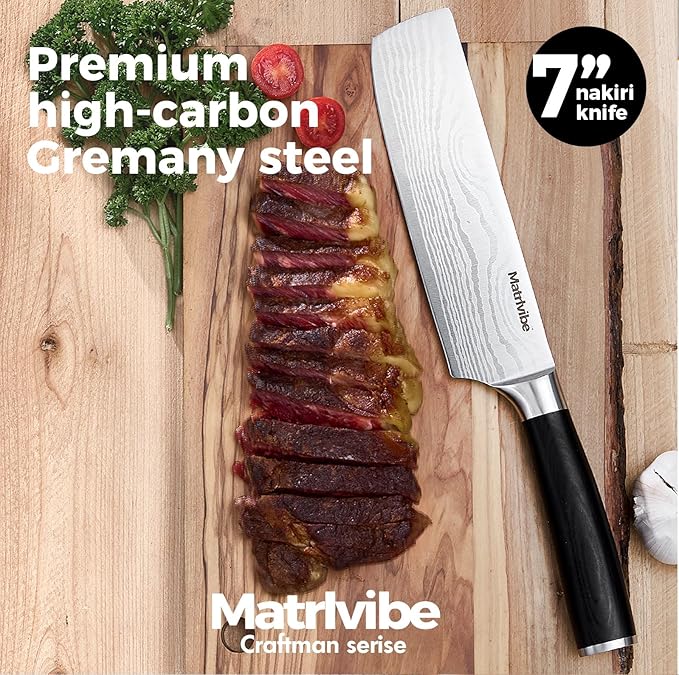 Nakiri Knife - 7” Razor Sharp Vegetable Cleaver, High Carbon Steel Kitchen Knife,Multipurpose Japanese Chef Knife for Meat Chopping with Premium Pakkawood Handle, Gift box and Sheath