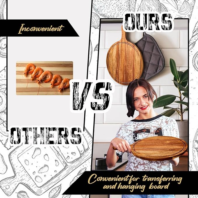 Nuenen 20 Pcs Round Wood Cutting Board with Handle Acacia Bamboo Wooden Serving Kitchen Chopping Boards for Pizza, Bread, Cheese, Charcuterie, Fruit, Vegetables(Acacia)
