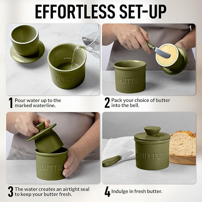 Zulay Kitchen Butter Crock With Lid & Spreader Knife for Countertop - Ceramic French Butter Dish Keeper For Fresh & Spreadable Butter - Cypress Green