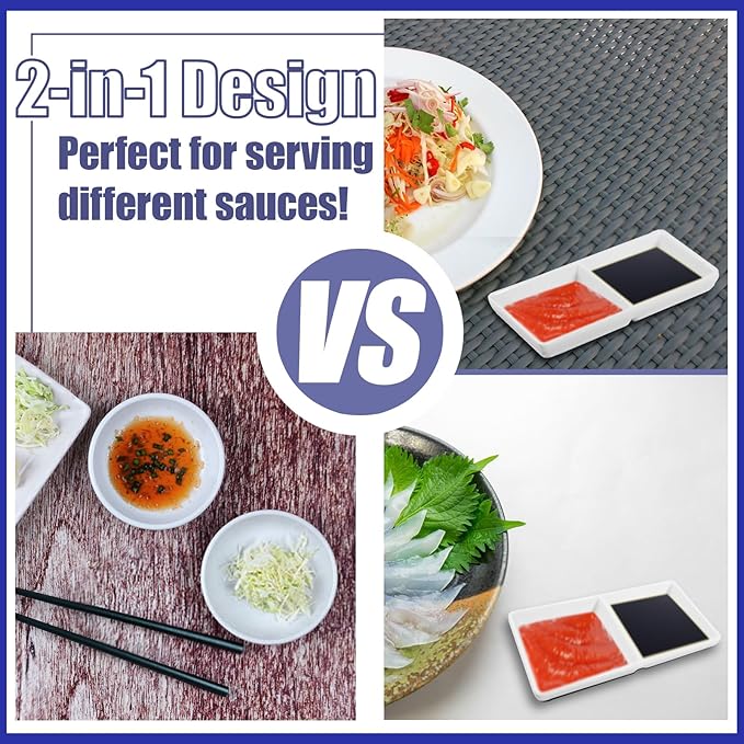 16 Pcs Dual Dipping Sauce Bowls with Two Compartments Melamine Soy Sauce Dish Divided Fondue Plates Party Trays for Kitchen Sushi Restaurant (White)