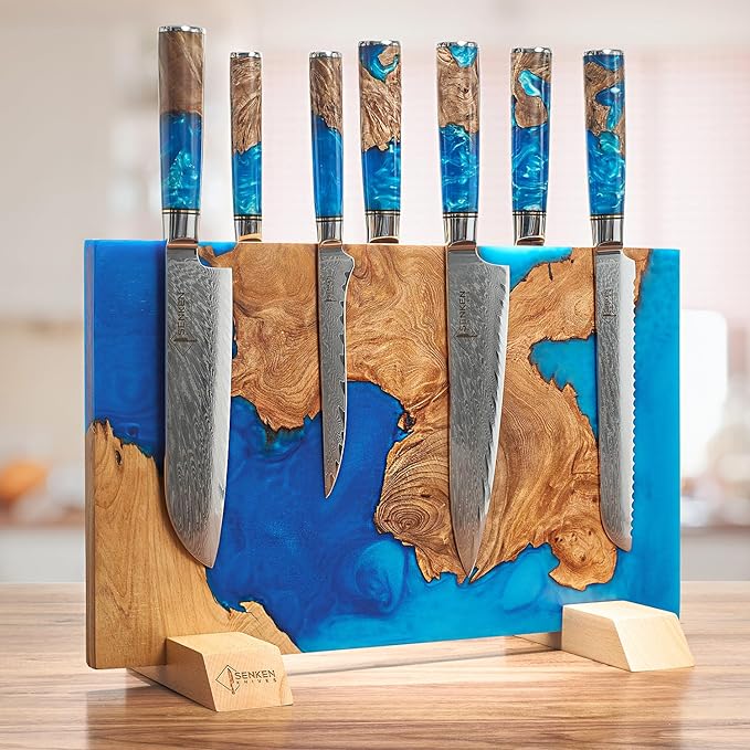 SENKEN "Tsunami" Extra Large Magnetic Knife Block - Holds Up to 16 Knives - Knife Block without Knives, Universal Knife Holder, Beautiful Blue Resin & Natural Wood Blend ("Tsunami" Blue Resin Blend)