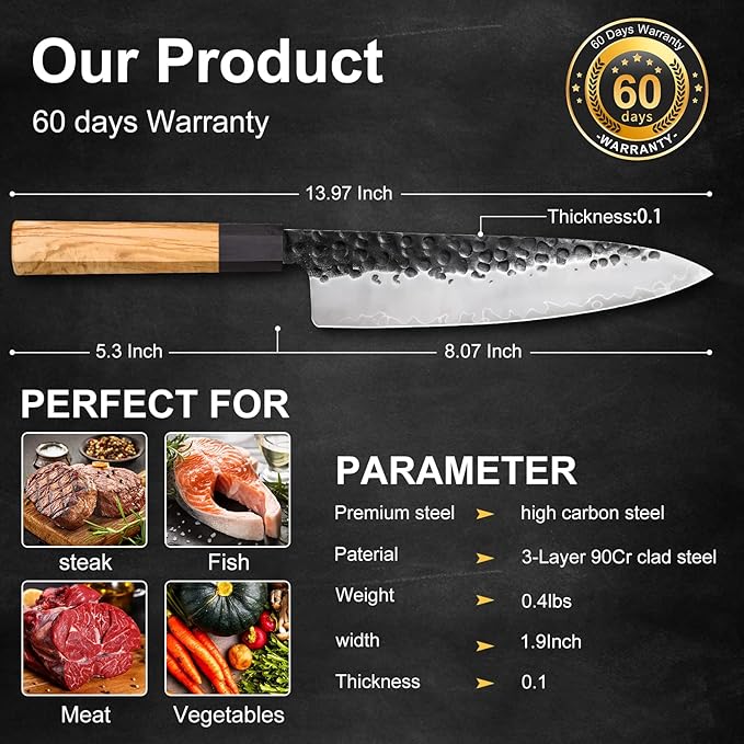 8 Inch Professional Kitchen Knife,High Carbon Steel Ultra Sharp Chef's Knife with Olivewood Handle & Gift Box