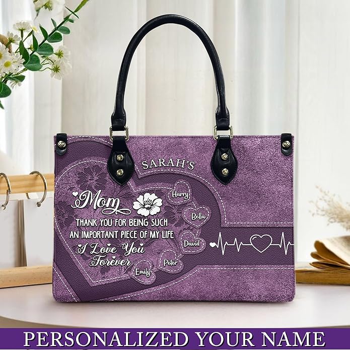 THUYPT Personalized Birth Flower Leather Bag for Mom, Women Faux Leather Handbags with Ziplock, Mother's Day Gifts