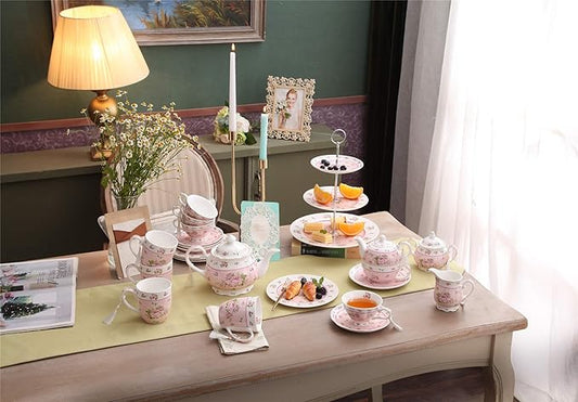 London Boutique Coffee Tea Cup and Saucer Set 4 Shabby Chic Vintage Porcelain Bird Butterfly Flora Gift Box 7.5OZ (Rose Pink)